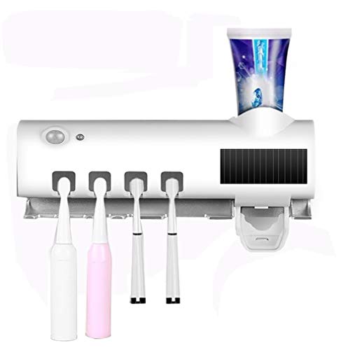 Portacepillo de Dientes Eléctrico Esterilizador UV Soporte con Energía Solar Recargable Función, Dispensador de Pasta de Dientes Soporte de Pared Accesorios de Baño para Infantil, Adulto, 4 Ports