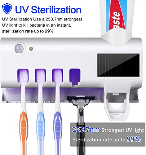 Portacepillo de Dientes Eléctrico Esterilizador UV Soporte con Energía Solar Recargable Función, Dispensador de Pasta de Dientes Soporte de Pared Accesorios de Baño para Infantil, Adulto, 4 Ports