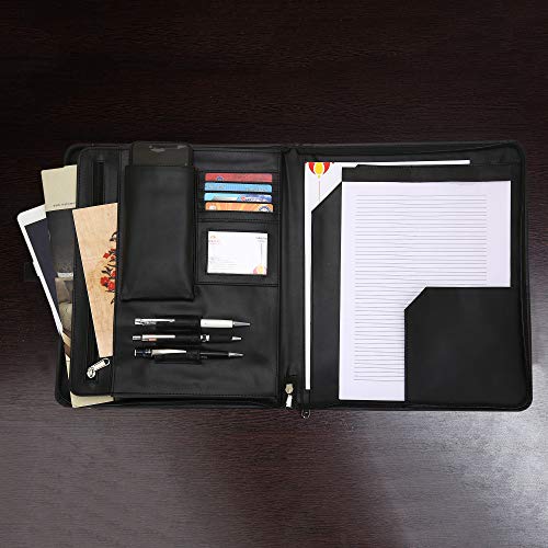 Portadocumentos A4 - Carpeta de Soporte de Documentos de Cuero - Curriculum Vitae Organizador de Carpetas de Papel - Estuche con Cremallera para Negocios y Viajes- 34.92 x 29.80 cm - Negro