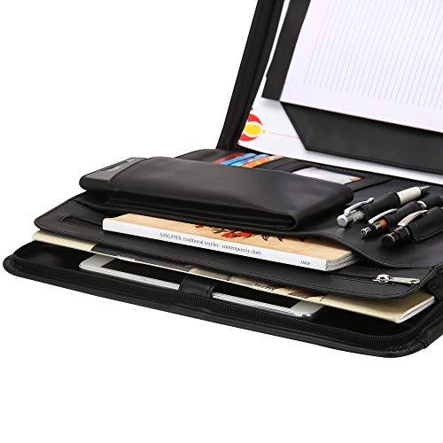 Portadocumentos A4 - Carpeta de Soporte de Documentos de Cuero - Curriculum Vitae Organizador de Carpetas de Papel - Estuche con Cremallera para Negocios y Viajes- 34.92 x 29.80 cm - Negro