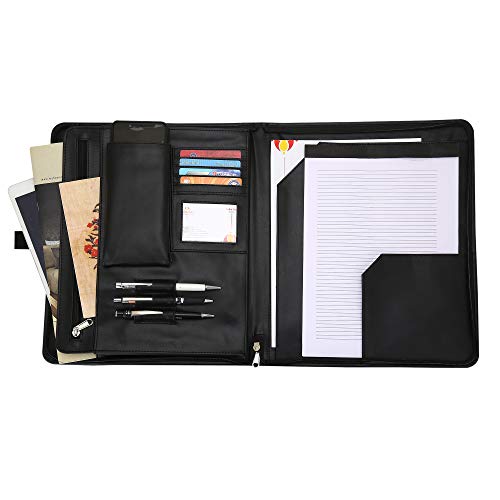 Portadocumentos A4 - Carpeta de Soporte de Documentos de Cuero - Curriculum Vitae Organizador de Carpetas de Papel - Estuche con Cremallera para Negocios y Viajes- 34.92 x 29.80 cm - Negro