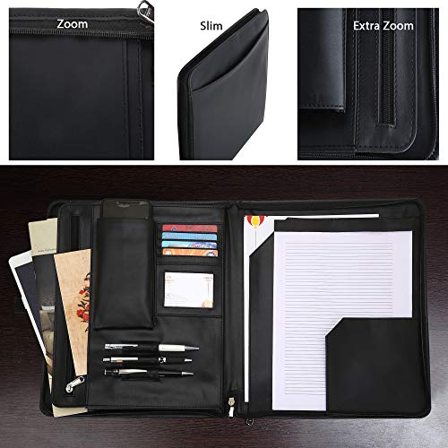 Portadocumentos A4 - Carpeta de Soporte de Documentos de Cuero - Curriculum Vitae Organizador de Carpetas de Papel - Estuche con Cremallera para Negocios y Viajes- 34.92 x 29.80 cm - Negro
