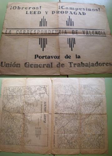 Poster - Cartel : OBREROS LEED Y PROPAGAD LA CORRESPONDENCIA DE VALENCIA PORTAVOZ DE LA UNION GENERAL DE TRABAJADORES. 2 MAPAS: SECTOR NORTE Y SECTOR DE TERUEL
