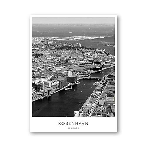 Póster de Lienzo de Paisaje de la Ciudad de Copenhague Danmark, Negro, Blanco, escandinavo, Pintura artística para Pared, imágenes nórdicas, decoración del hogar/30x40x3 50x70cm/sin Marco