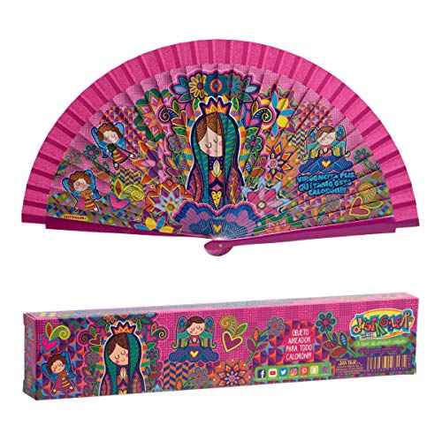 PracticDomus Abanico Plegable en Tela Estampada de Algodón Sobre Madera. Colección (Virgencita Plis)