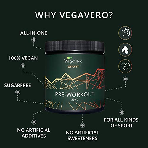 Pre Workout Mix Vegavero® Sport | L-Arginina AAKG + BCAA + Citrulina Malato + Beta Alanina + Cafeína + Vitaminas B | 350 g en Polvo | Pre Entrenos + Masa Muscular + Aminoácidos Esenciales