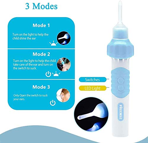 Prechkle Limpiador de Oídos Eléctrico, Kit de Eliminación de Cera de Oído por Vacío Eléctrico Automático Portátil con Luz LED, Tamaño Doble Seguro y Cómodo para Adultos y Niños