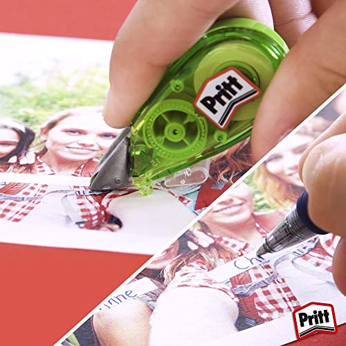 Pritt Micro Rolli, correctores de bolígrafo para tapar errores, cintas correctoras que no dejan manchas, corrector escolar en azul, verde y rosa, 2 (5mm x 6m)