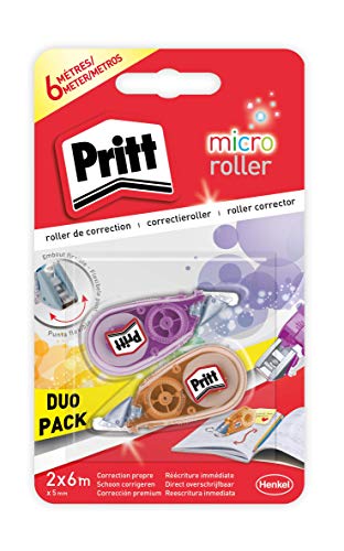 Pritt Micro Rolli, correctores de bolígrafo para tapar errores, cintas correctoras que no dejan manchas, corrector escolar en azul, verde y rosa, 2 (5mm x 6m)