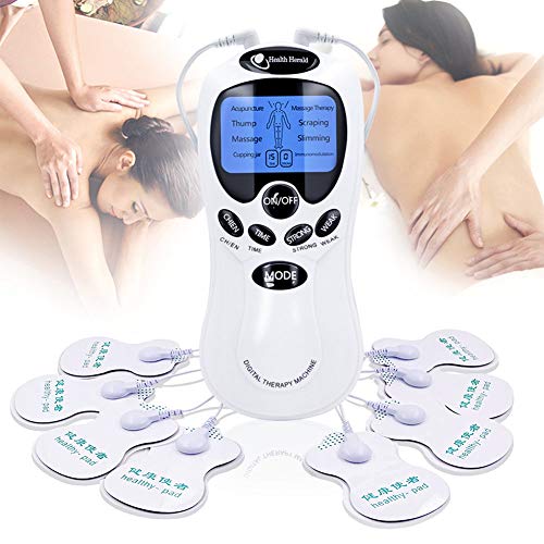 Profesional TENS Electroestimulador Digital Masaje EMS Pantalla LCD 2 Canales 4 Electrodos Autoadhesivos Totalmente Recargable con 8 Programas de Preajuste