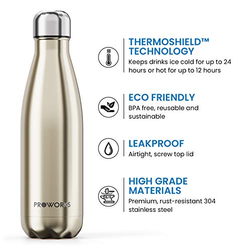 Proworks Botellas de Agua Deportiva de Acero Inoxidable | Cantimplora Termo con Doble Aislamiento para 12 Horas de Bebida Caliente y 24 Horas de Bebida Fría - Libre de BPA - 1L - Oro Metalizado