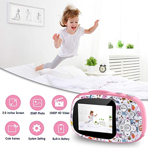 PTHTECHUS CáMara Digital para NiñOs, 12MP 1080P 2.0" HD Selfie Video Digital Cámara Infantil, MP3 / MP4 Juego, Regalos Ideales para Niños Niñas de 3-10 Años, con Tarjeta TF 32 GB(Rosa)