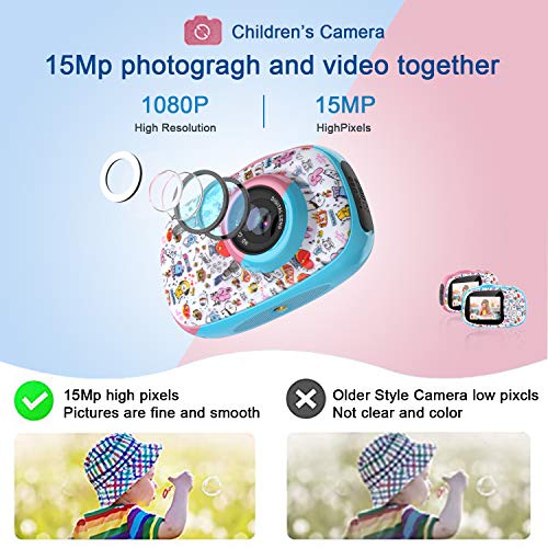 PTHTECHUS CáMara Digital para NiñOs, 12MP 1080P 2.0" HD Selfie Video Digital Cámara Infantil, MP3 / MP4 Juego, Regalos Ideales para Niños Niñas de 3-10 Años, con Tarjeta TF 32 GB(Rosa)