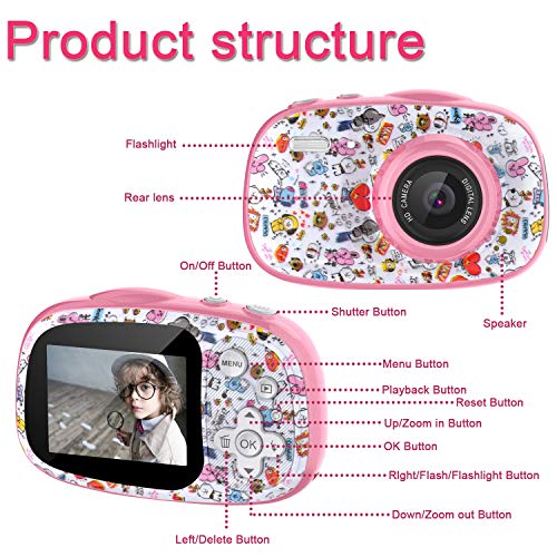 PTHTECHUS CáMara Digital para NiñOs, 12MP 1080P 2.0" HD Selfie Video Digital Cámara Infantil, MP3 / MP4 Juego, Regalos Ideales para Niños Niñas de 3-10 Años, con Tarjeta TF 32 GB(Rosa)