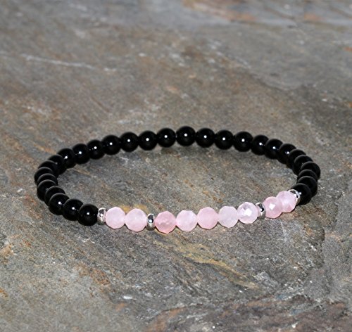 Pulsera de Cuarzo Rosa Facetado de 4 mm y Espinela Negra de 4 mm Pulsera de Piedras Preciosas Naturales Cuentas de Cuarzo Rosa y Espinela Pulsera Unisex Grado AAA