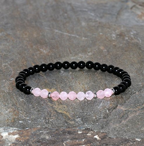 Pulsera de Cuarzo Rosa Facetado de 4 mm y Espinela Negra de 4 mm Pulsera de Piedras Preciosas Naturales Cuentas de Cuarzo Rosa y Espinela Pulsera Unisex Grado AAA