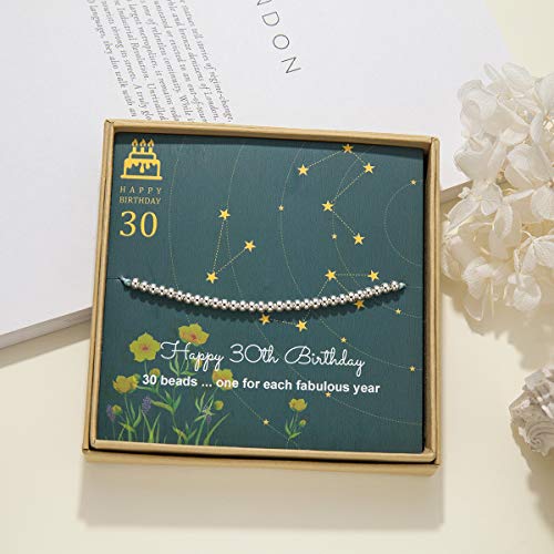Pulsera de cuentas de plata de ley para regalo de 30 cumpleaños para mujer, con cordón ajustable de 17,78 cm a 22,86 cm