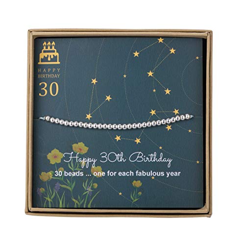 Pulsera de cuentas de plata de ley para regalo de 30 cumpleaños para mujer, con cordón ajustable de 17,78 cm a 22,86 cm