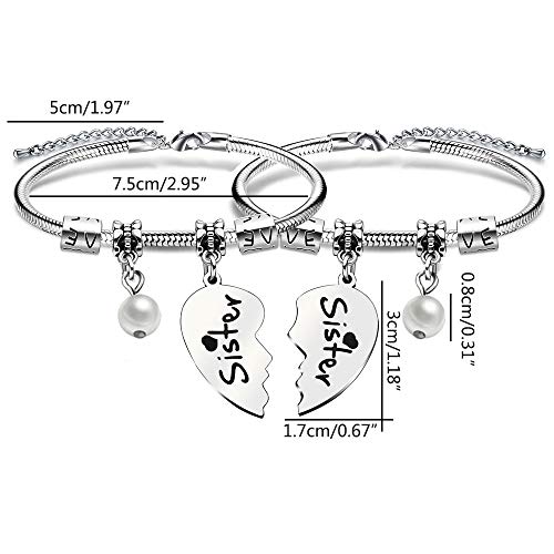 Pulseras con forma de corazón roto con perlas, regalo de cumpleaños o Navidad para hermanas y amigas, 2 unidades