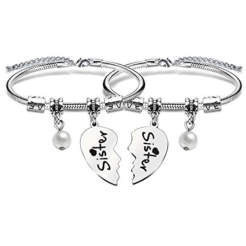 Pulseras con forma de corazón roto con perlas, regalo de cumpleaños o Navidad para hermanas y amigas, 2 unidades