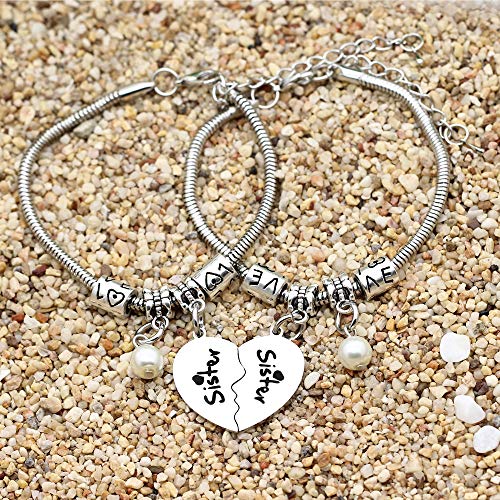 Pulseras con forma de corazón roto con perlas, regalo de cumpleaños o Navidad para hermanas y amigas, 2 unidades