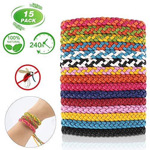 Pulseras Repelentes de Mosquitos, 15 PC Mosquitos Pulsera Repelente, Pulsera Antimosquitos, Pulseras Repelente para Interiores y Exteriores, Extractos de Plantas 100% Naturales para Niños y Adultos