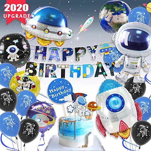 Pushingbest Decoraciones Cumpleaños, Decoraciones de Fiesta temáticas del Espacio Exterior, Globos espaciales de Astronautas con 4D Globos, Happy Birthday Pancarta Colgar Remolino