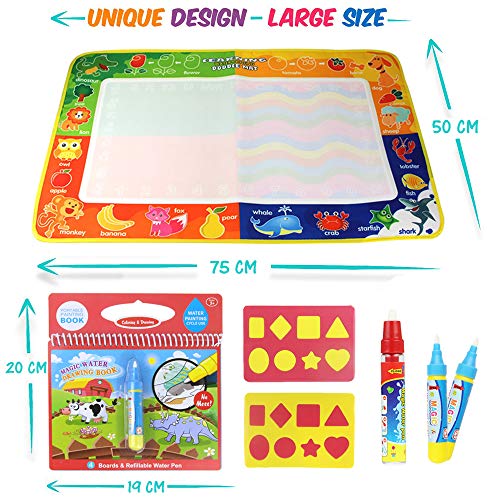 PUZ Toy Regalos para Niños 2-4 Años Aqua Magica Doodle 75*50cm Pizarra Magica Pinturas para Niños Estera Magica Infantil Libros Colorear Bebe con 3 Plumas Regalos de Cumpleanos Navidad