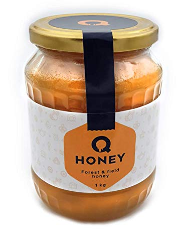 Q-Honey Miel de Abeja Pura, Miel Cruda, 100 % Natural, Sin Filtrar Sin Azúcar, Alta Concentración de Minerales 1kg Tarro de cristal