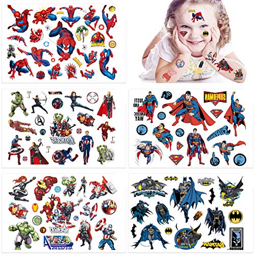 Qemsele Tatuajes Temporales para Niños Niñas, 10 Sheets 200+ Pcs Hojas Dibujos Animados Tatuaje Falso Pegatinas para piñata Niños Infantiles Fiesta de cumpleaños Regalo Bolsas Relleno (Superhéroe)