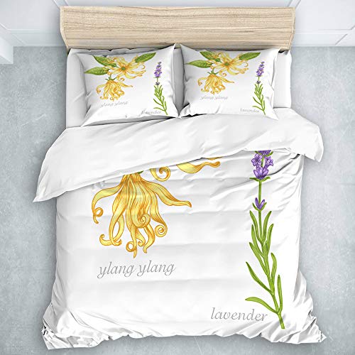 QINCO Bedding Juego de Funda de Edredón,Imágenes Marrones Alternativas Dibujo Plantas Medicinales Belleza Salud Bio Aditivos Ylang Lavanda Etiqueta,Microfibra (Cama 140x200 + Almohada 50X80),Single