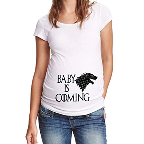 Q.KIM Mujer Camiseta de Maternidad Elasticidad Suave Embarazada Premamá T-Shirt-Baby is Coming, Blanco
