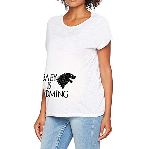 Q.KIM Mujer Camiseta de Maternidad Elasticidad Suave Embarazada Premamá T-Shirt-Baby is Coming, Blanco
