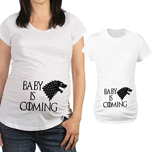 Q.KIM Mujer Camiseta de Maternidad Elasticidad Suave Embarazada Premamá T-Shirt-Baby is Coming, Blanco