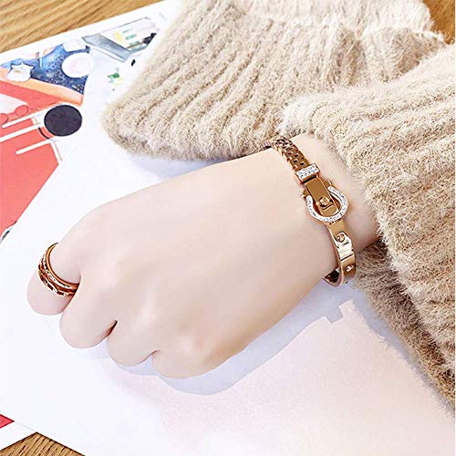 Q&N Pulsera de Oro Rosa, Pulsera de cinturón de Medio Remache de Cristal Artificial con Incrustaciones de Acero de Titanio (17 cm)