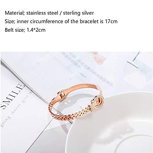 Q&N Pulsera de Oro Rosa, Pulsera de cinturón de Medio Remache de Cristal Artificial con Incrustaciones de Acero de Titanio (17 cm)