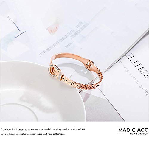 Q&N Pulsera de Oro Rosa, Pulsera de cinturón de Medio Remache de Cristal Artificial con Incrustaciones de Acero de Titanio (17 cm)