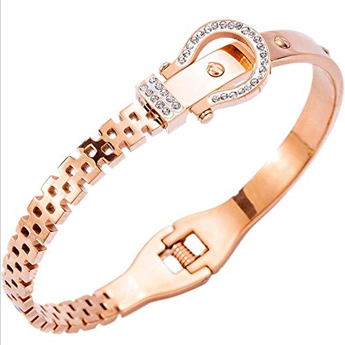 Q&N Pulsera de Oro Rosa, Pulsera de cinturón de Medio Remache de Cristal Artificial con Incrustaciones de Acero de Titanio (17 cm)