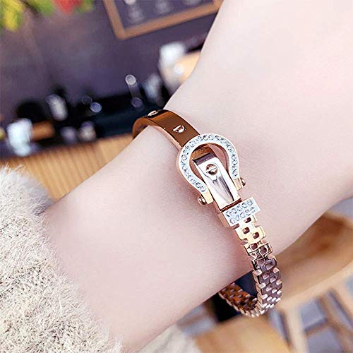 Q&N Pulsera de Oro Rosa, Pulsera de cinturón de Medio Remache de Cristal Artificial con Incrustaciones de Acero de Titanio (17 cm)