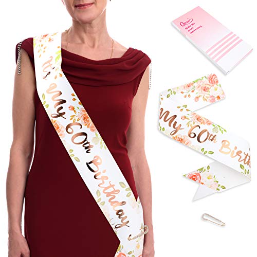 Qpout Oro Rosa Es mi Faja de 60 cumpleaños 60 Fabuloso Faja- Regalos de cumpleaños Accesorios con pasadores de Diamantes Alegrías para Suministros de Fiesta de cumpleaños de Sesenta años