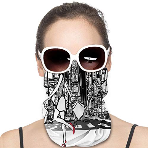 Q&SZ Sweatshirt Outdoor Headband Girly Decor Collection Girl Shopping In Times Square New York At Night Cityscape Monochromic Sketch Print White Black Scarf Neck Gaiter Face Bandana Scarf Head Scarf
