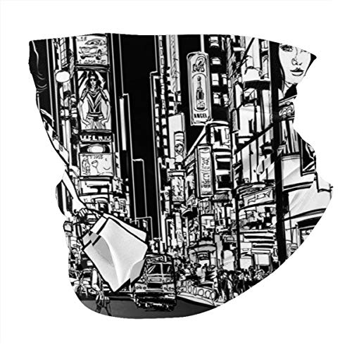 Q&SZ Sweatshirt Outdoor Headband Girly Decor Collection Girl Shopping In Times Square New York At Night Cityscape Monochromic Sketch Print White Black Scarf Neck Gaiter Face Bandana Scarf Head Scarf