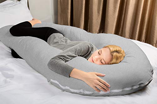 QUEEN ROSE Almohada con Forma de U, Almohada de Embarazo y Maternidad con Funda extraíble y Lavable (165 x 80 cm, Jersey, Gris)