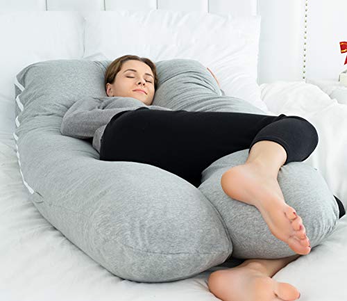 QUEEN ROSE Almohada en Forma de U, Almohada para el Embarazo con Funda Cool Jersey, Almohada para Todo el Cuerpo para Mujeres Embarazadas (Gris)