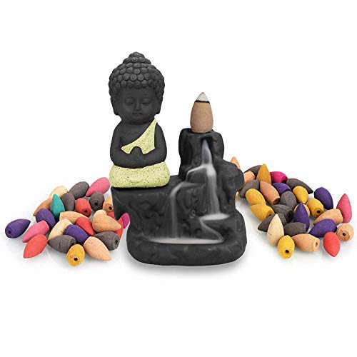 Quemador de incienso hecho a mano con reflujo de cascada, quemador de incienso para hogar, oficina, dormitorio, decoración de yoga, con 10 conos gratis amarillo