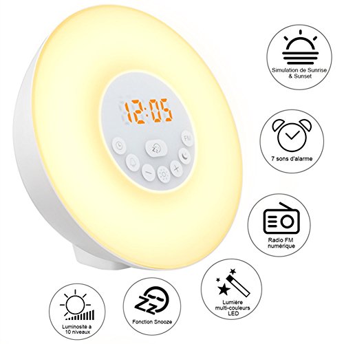 Queta Despertador Luz Amanecer-Radio FM/Función Snooze/7 Luces Colores/6 Melodías-Reloj Despertador Digital (Blanco)