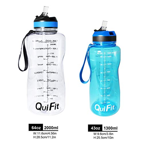 QuiFit Botella de agua deportiva con paja y marcador de tiempo, gran capacidad (2/1,3 litros) al aire libre Tritan Fitness Jarra de agua, no tóxica sin BPA y ecológica, color hot pink, tamaño 2000 ml