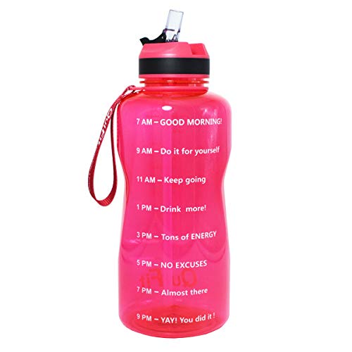 QuiFit Botella de agua deportiva con paja y marcador de tiempo, gran capacidad (2/1,3 litros) al aire libre Tritan Fitness Jarra de agua, no tóxica sin BPA y ecológica, color hot pink, tamaño 2000 ml