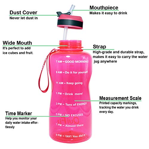 QuiFit Botella de agua deportiva con paja y marcador de tiempo, gran capacidad (2/1,3 litros) al aire libre Tritan Fitness Jarra de agua, no tóxica sin BPA y ecológica, color hot pink, tamaño 2000 ml