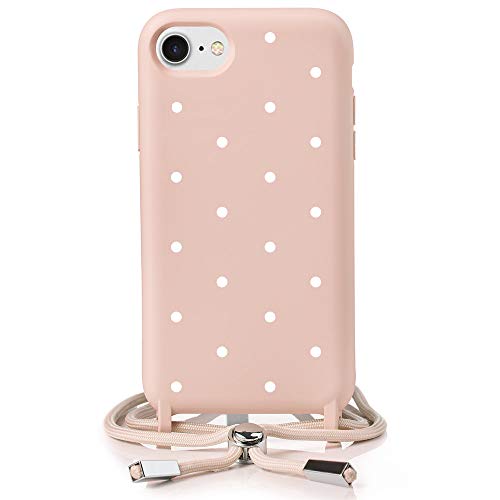 QULT Funda con Cuerda Compatible con iPhone 6 /6s Plus, iPhone 7/8 Plus Carcasa de movil con Colgante Cadena Suave Silicona Necklace Bumper Rosa Pastel Motivo Puntos Blancos